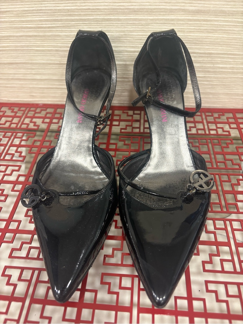 Giorgio Armani Black Patent Pointed Toe Ankle-Strap Heels with Logo Medallion